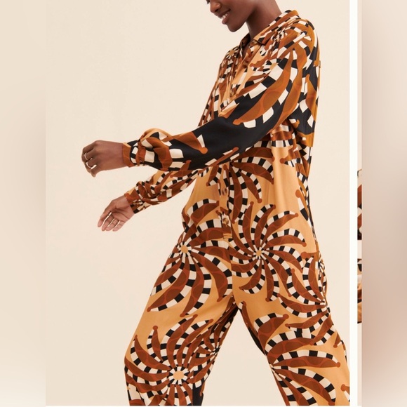 Farm Rio Mixed Banana Geometric Print Jumpsuit Button Down Long Sleeve Sz: M - Picture 6 of 10